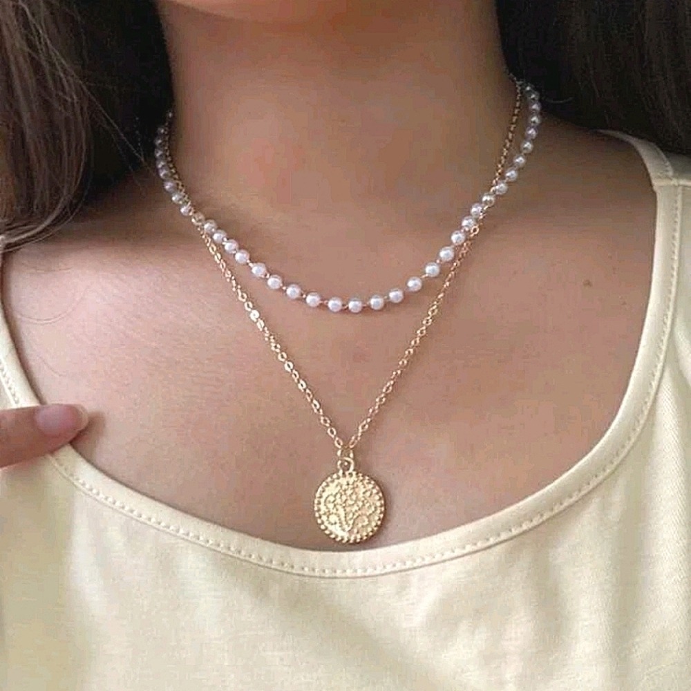 Gold Chain Layered Necklace Faux pearl Coin pendant Charm Statement 💖2/$30